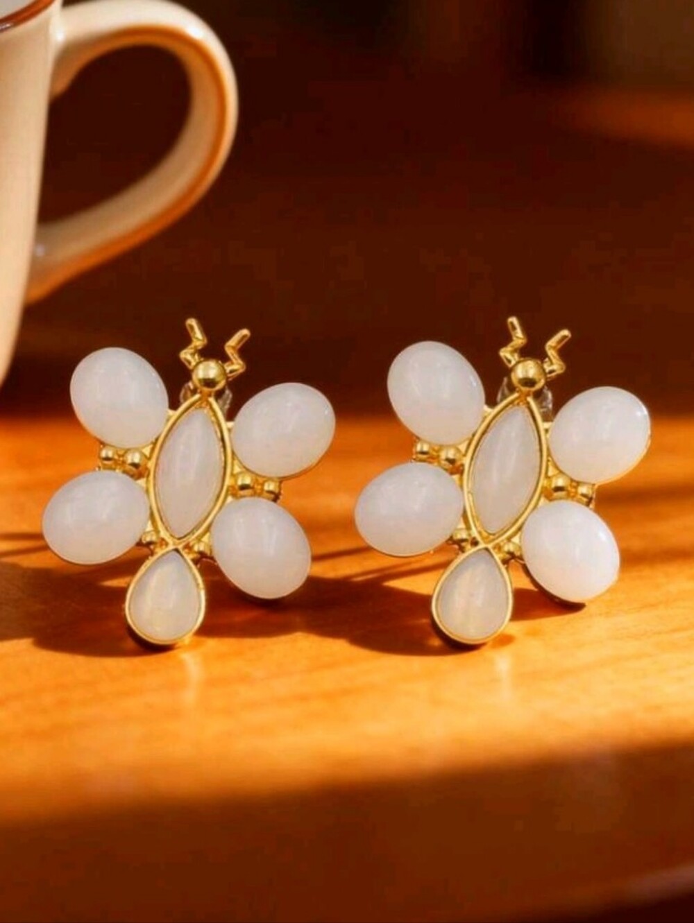 NEW! Unique Gold & White Gemtones Bee Stud Earrings - Women Jewelry